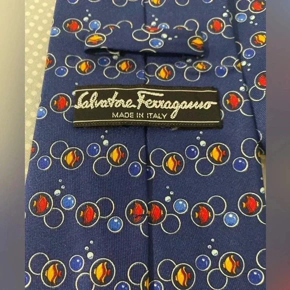 Salvatore Ferragamo blue angel tropical fish 100% silk neck tie